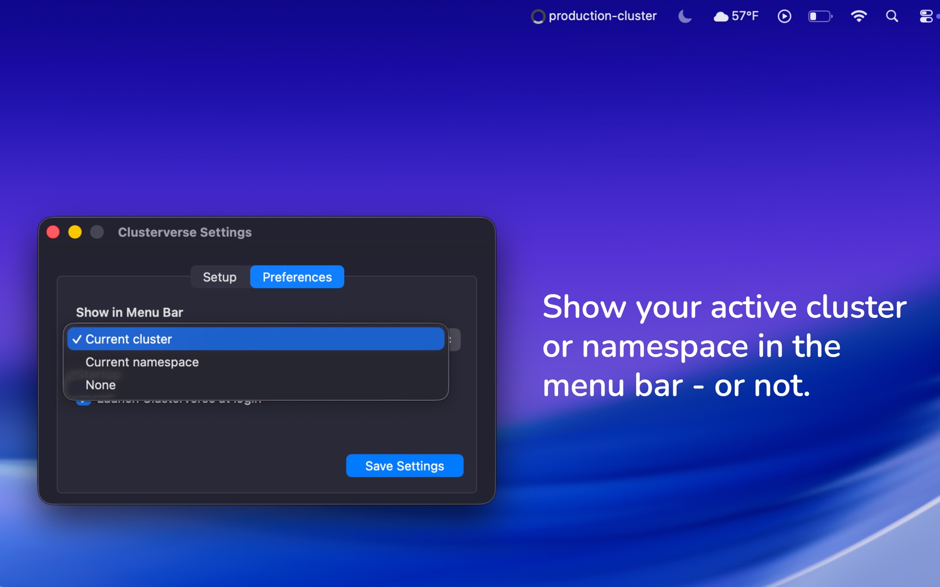 Clusterverse preferences showing options for displaying the current cluster or namespace in the macOS menu bar.