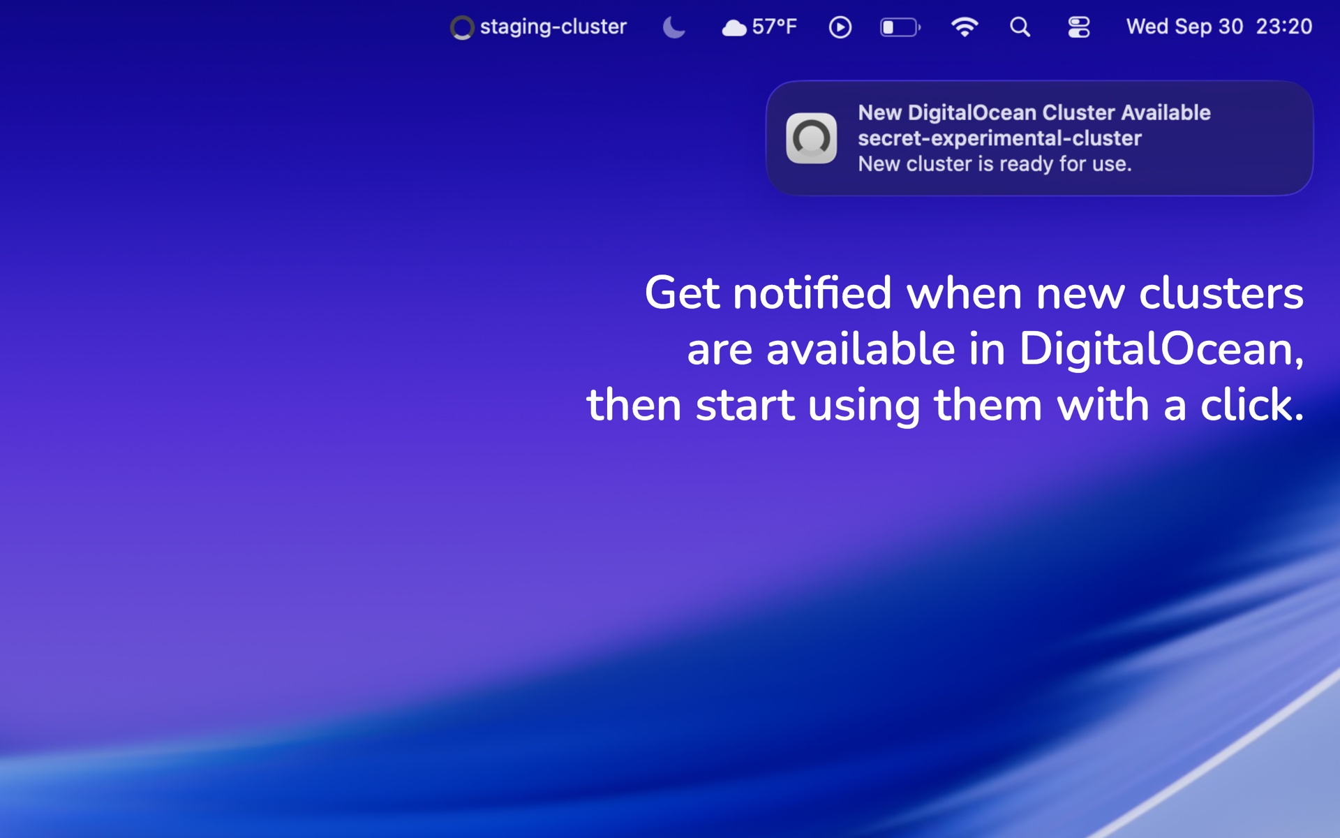 macOS notification from Clusterverse announcing a newly discovered DigitalOcean Kubernetes cluster.