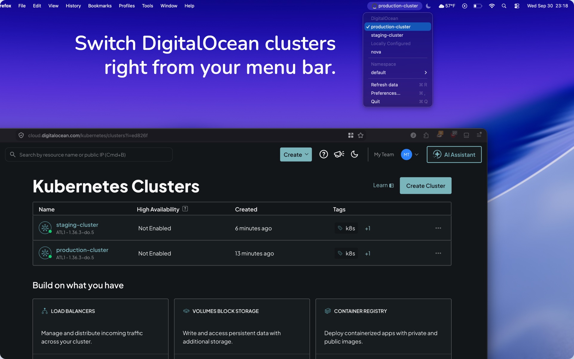 Clusterverse menu with production-cluster selected, staging-cluster and a local nova context, above the DigitalOcean Kubernetes dashboard.