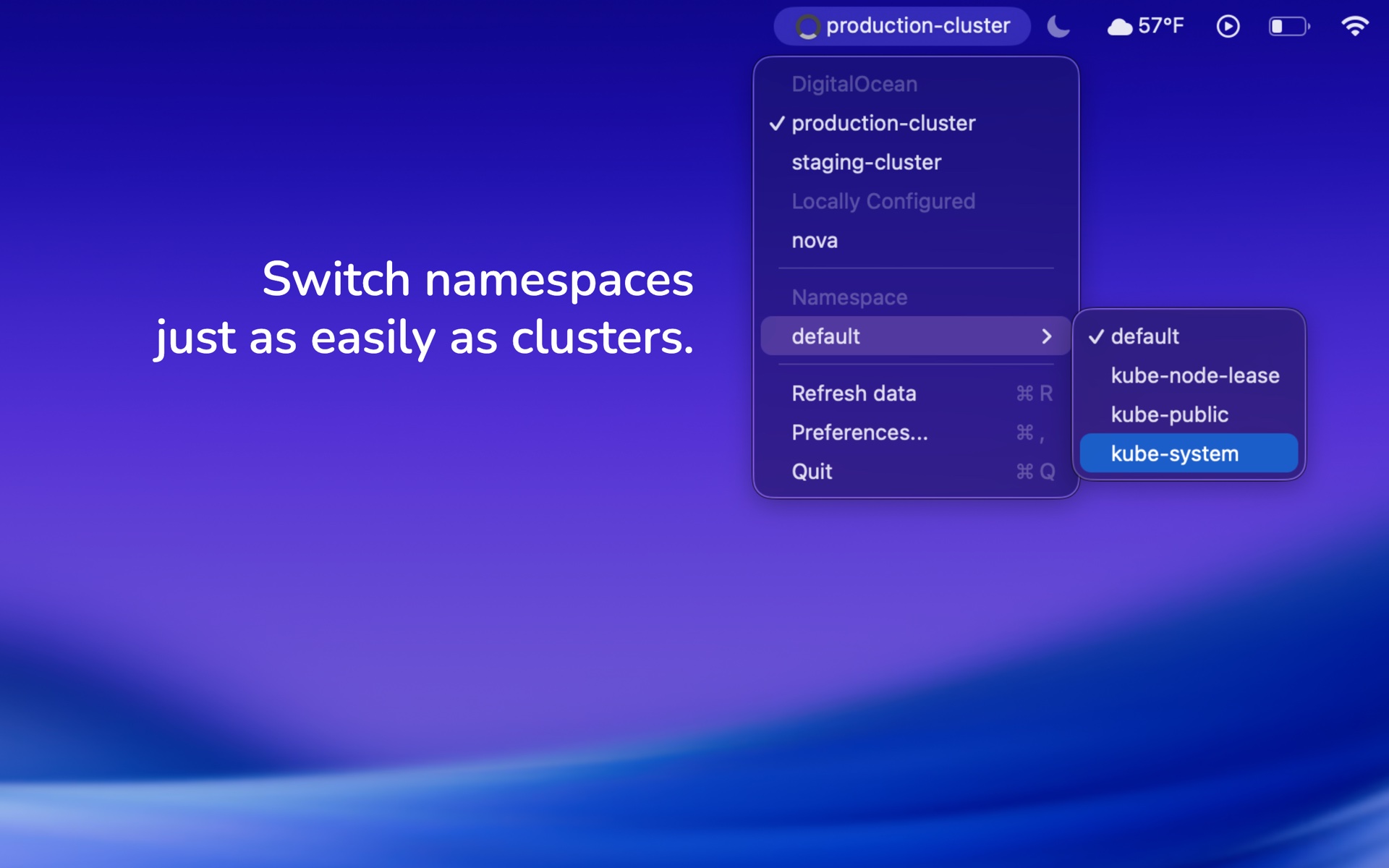 Clusterverse Namespace submenu showing available Kubernetes namespaces and the current selection.