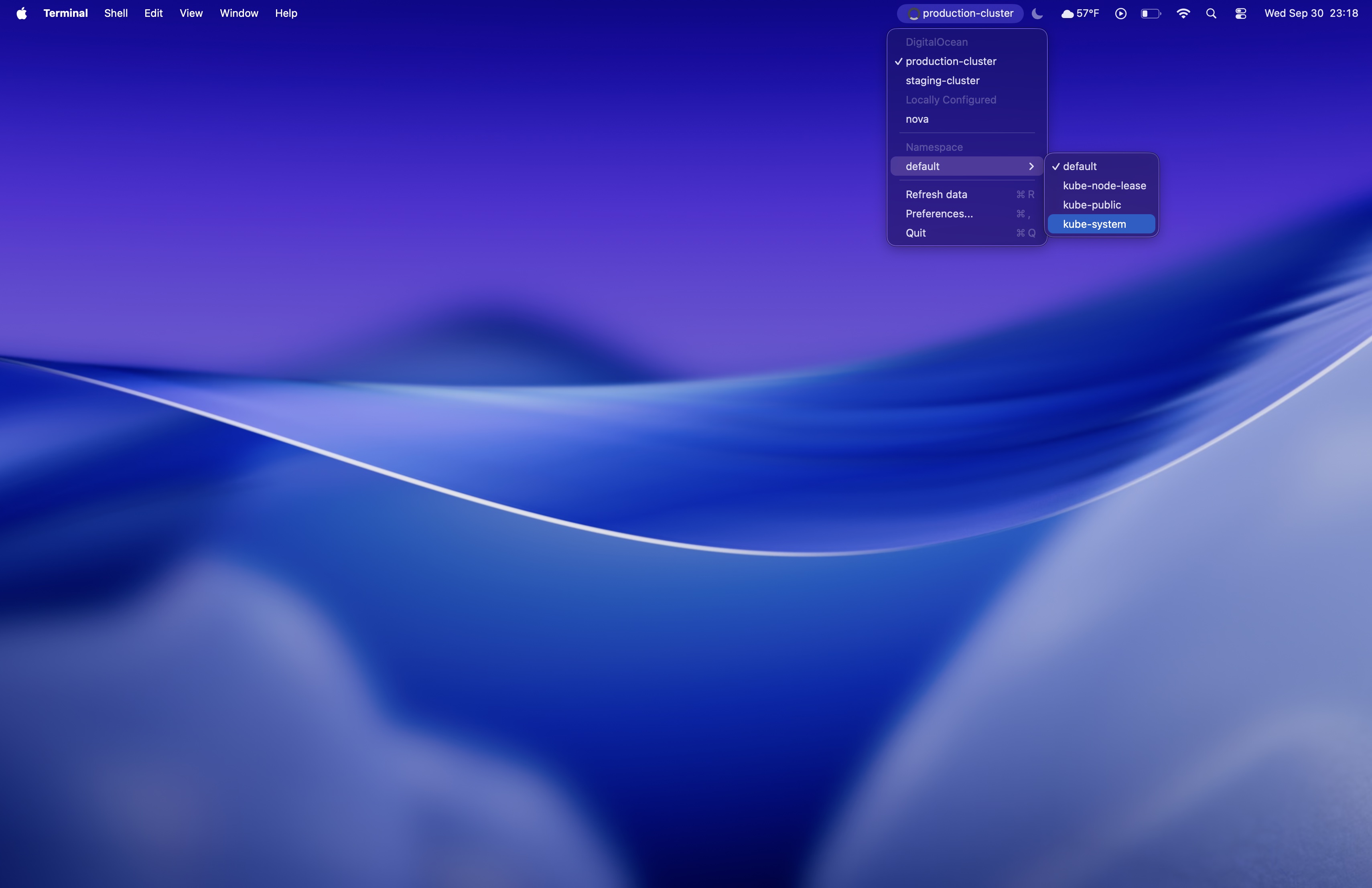 Clusterverse menu showing production and staging clusters and Kubernetes namespaces